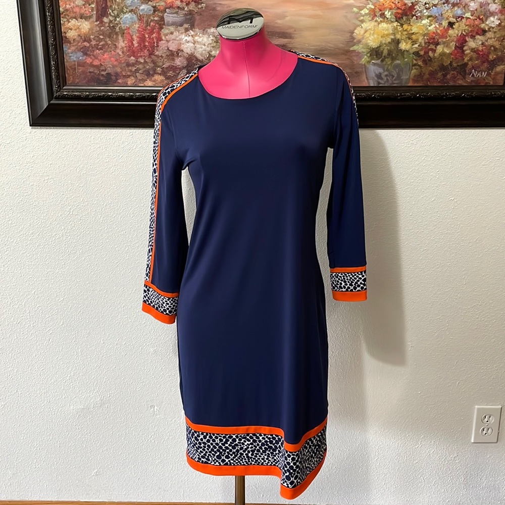 MICHAEL Michael Kors Shift Dress Small Navy Blue Orange White Animal Print